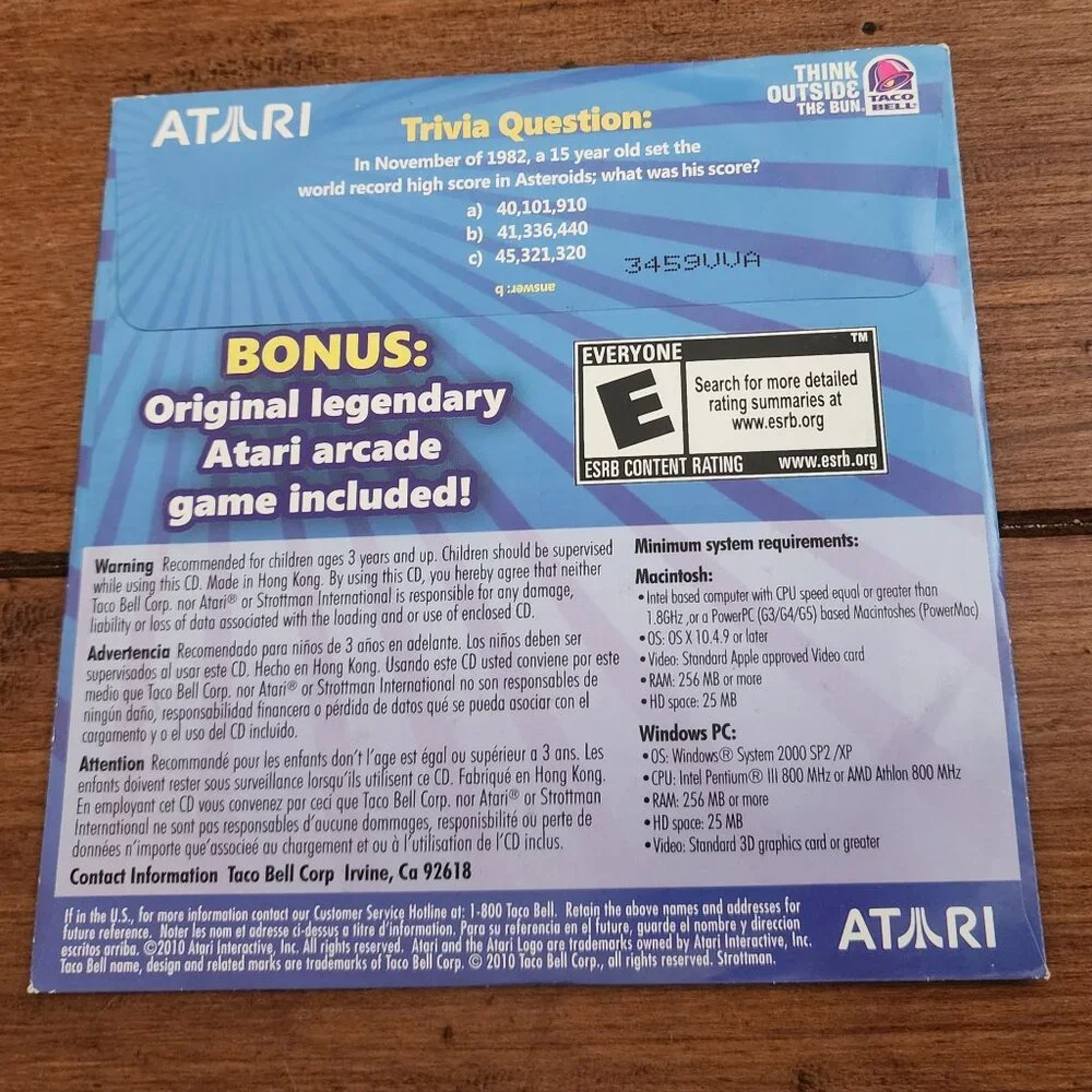 Atari Asteroids Video Game (PC CD-ROM, 2010) Arcade Taco Bell Promo Disc Sealed